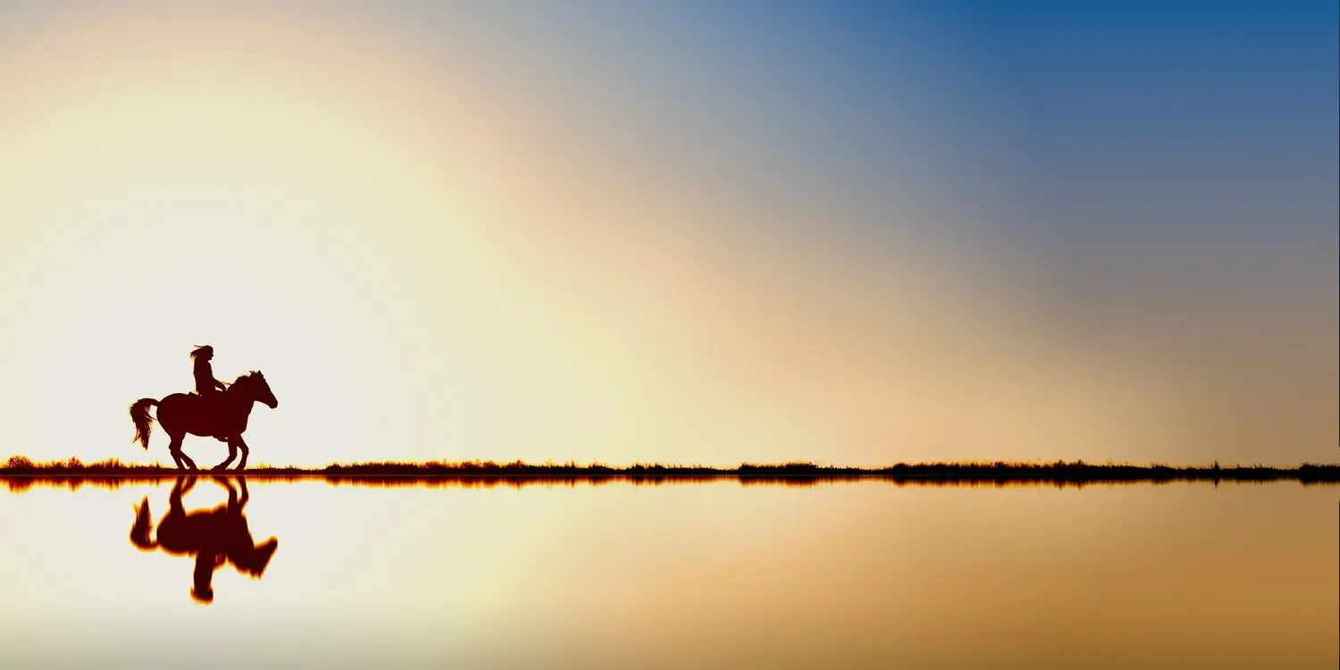 jak být šťastný, jezdec na koni odraz v jezeře